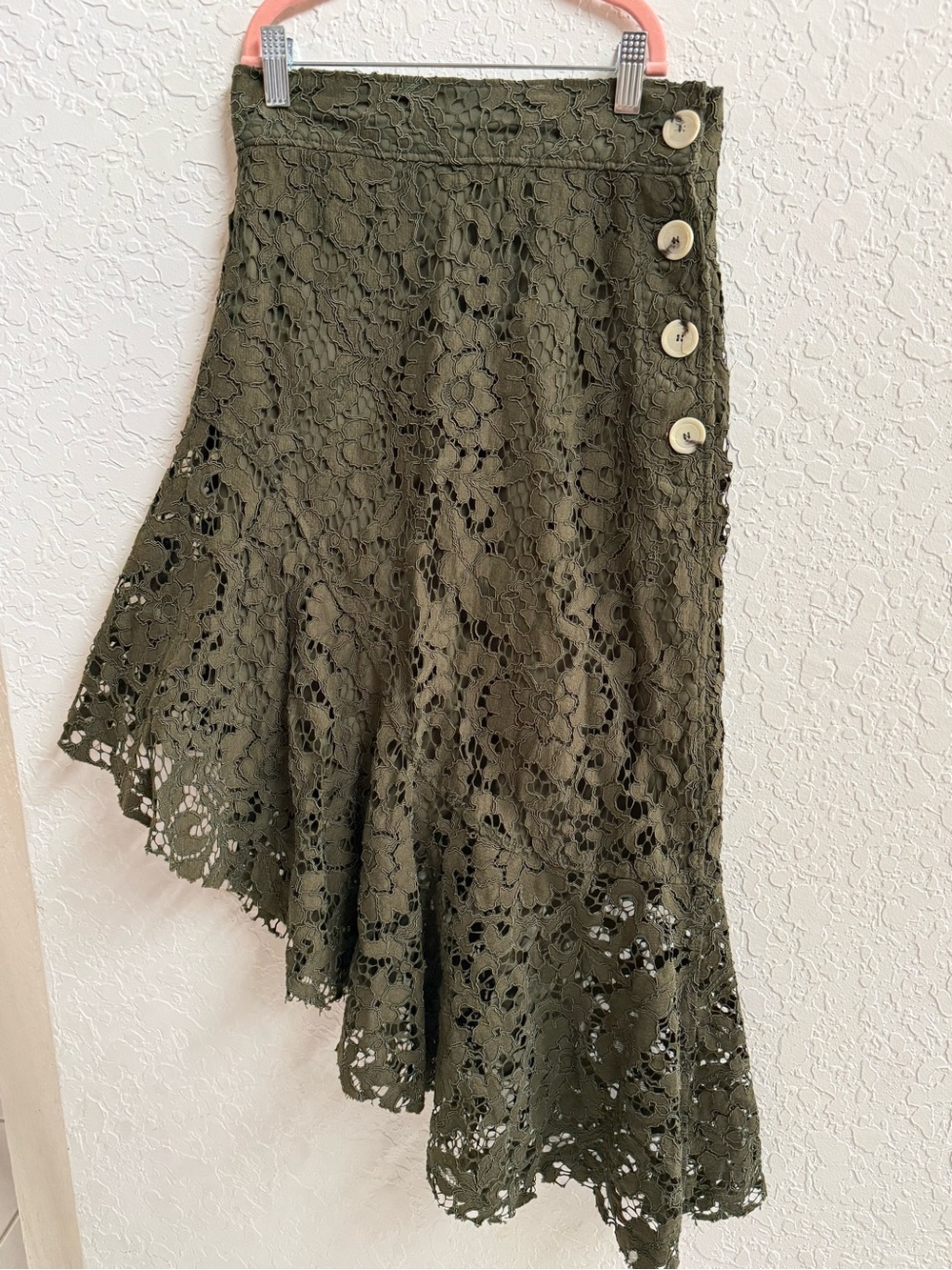 Zara Olive Lace Asymmetrical Button-Accent Skirt